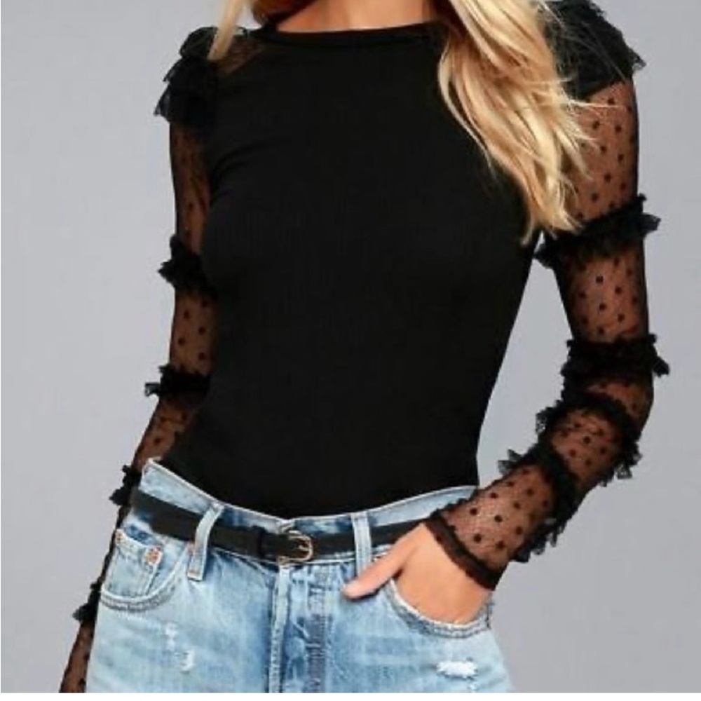NEW Free  People Ribbed Jersey Tee Mesh Lace Polka Dot Ruffle Sleeves XS